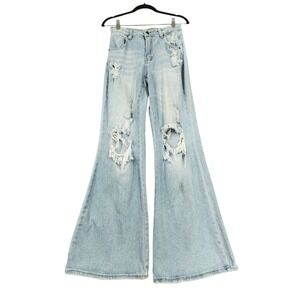 Almost Famous Bootcut Jean sz 3 Jr Women Wide Leg Flare Lt Blue Ripped Destroyed